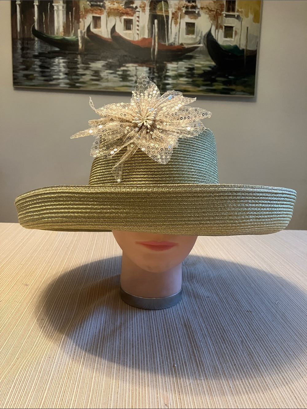Elegant Metallic Gold Wide-Brim Hat with Sequined Floral Accent